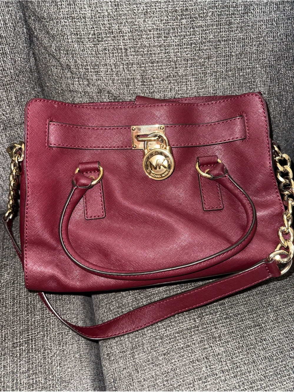 Michael Kors Wine Saffiano Leather Satchel with Gold Hardware